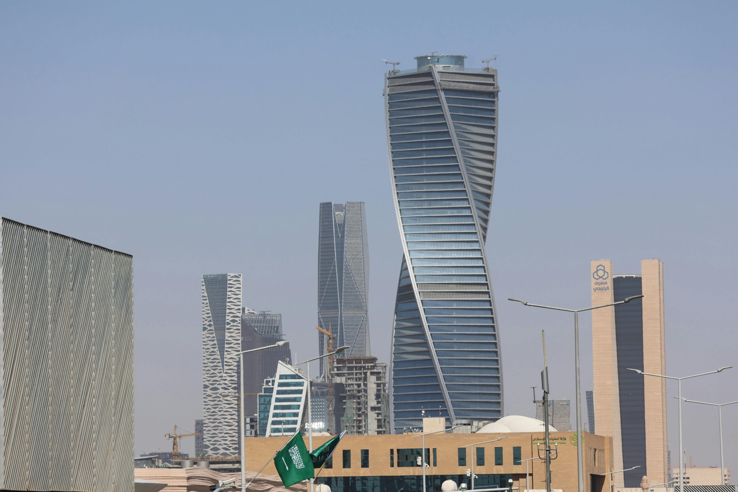 Skyline view of Riyadh's modern architecture with distinctive skyscrapers.